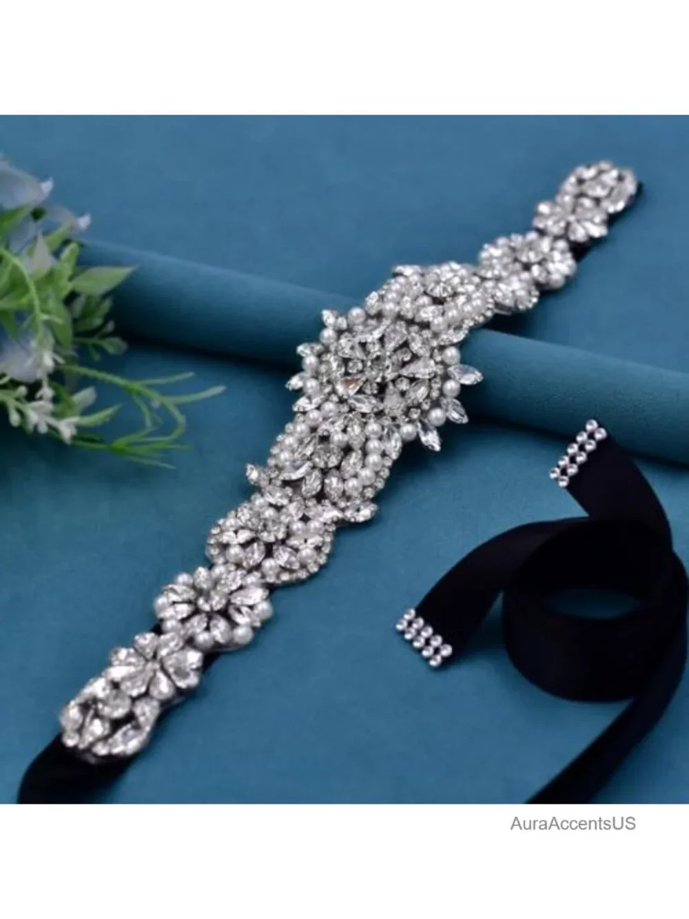 Rhinestone and Pearl Bridal Belt with Ribbon Tie